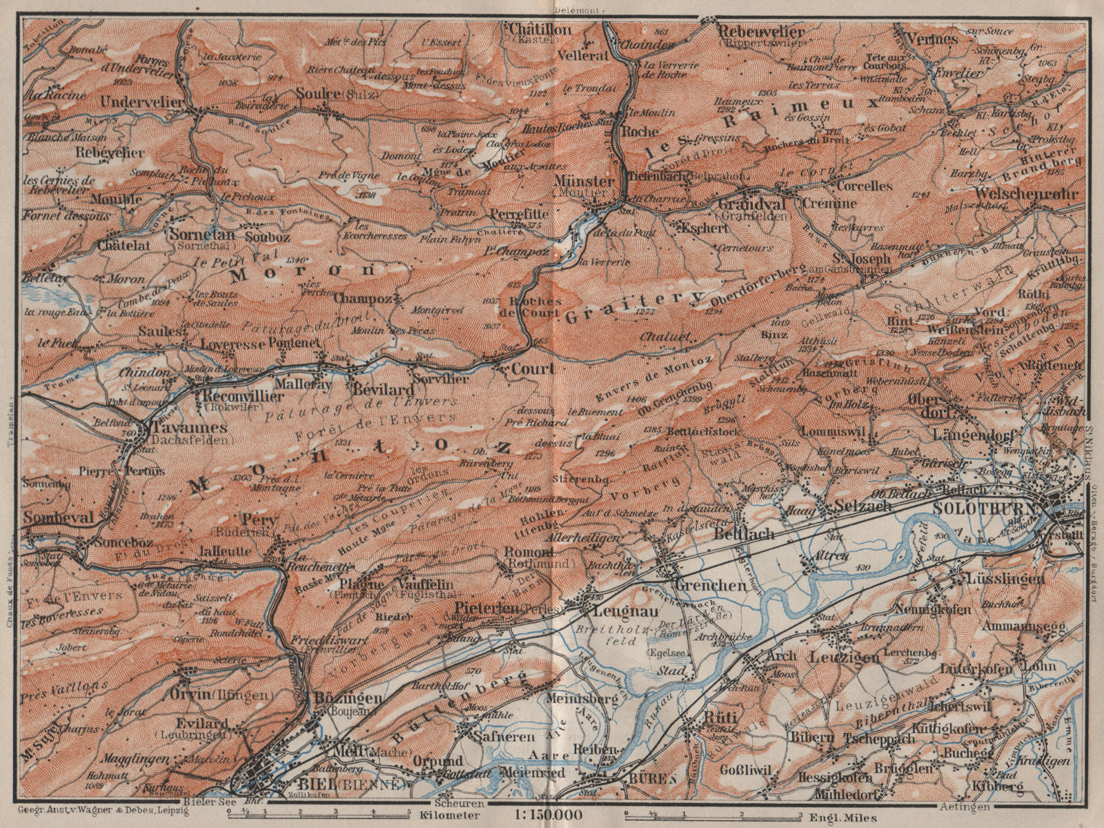 BERNESE JURA. Solothurn Biel/Bienne Rebeuvelier Tavannes. Topo-map 1905